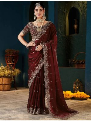 Deep Maroon Fendy Satin Embroidered Saree With Stitched Blouse