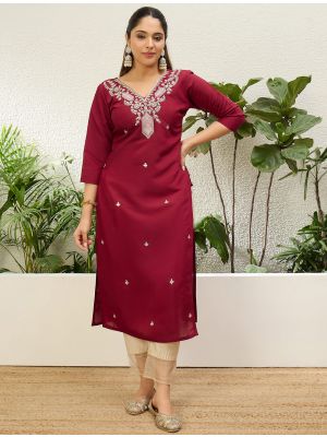 deep maroon silk blend embroidered kurti fabku21224