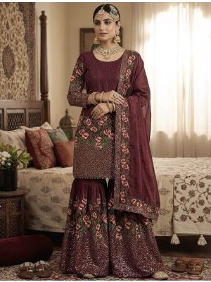 Deep Maroon Silk Blend Embroidered Ready To Wear Sharara Suit FABSL22493