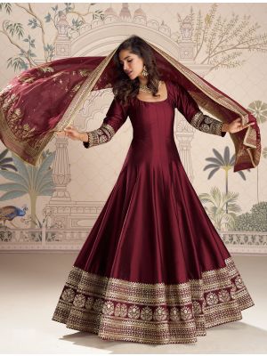 Deep Maroon Silk Free Size Ready To Wear Anarkali Dress small FABSL22405