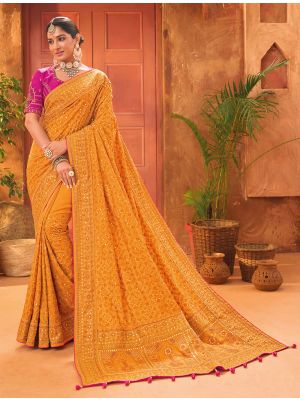 Deep Mustard Banarasi Silk Premium Saree With Kutch Work