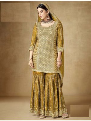 Deep Mustard Chinon Semi Stitched Sharara Suit small FABSL21768