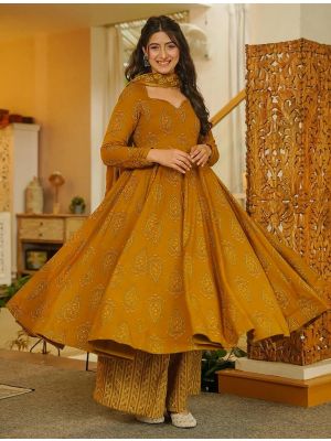 Deep Mustard Muslin Flared Ready To Wear Salwar Kameez FABSL22449