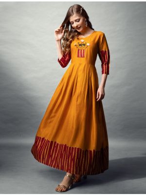 deep mustard rayon printed anarkali kurta fabku21049