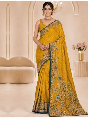Deep Mustard Satin Saree With Multicolour Motifs & Swarovski Work