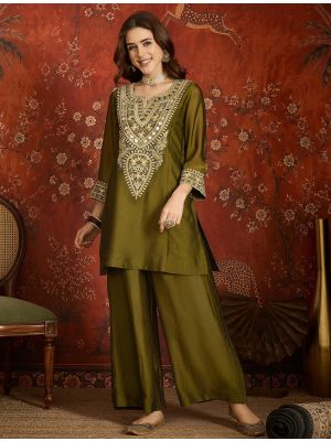 Deep Olive Embroidered Silk Blend Ready To Wear Salwar Kameez FABSL22594