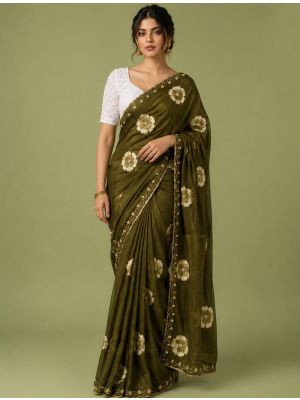 Deep Olive Green Floral Print Chiffon Saree With Embroidery