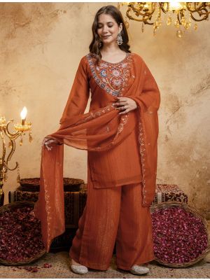 Deep Orange Crunchy Silk Embroidered Ready To Wear Salwar Kameez swatch FABSL22579
