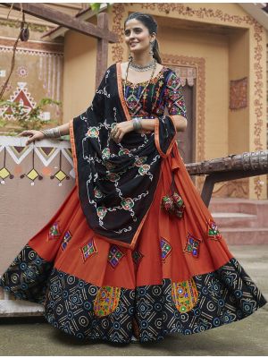 Deep Orange Viscose Rayon Ready To Wear Chaniya Choli In Medium FABLE20408