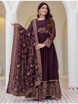 deep plum georgette embroidered anarkali gown with dupatta fabgo20450