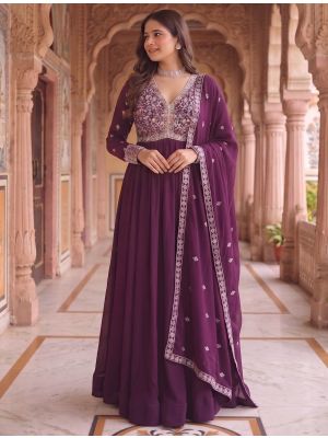 deep plum purple georgette pleated flared gown with dupatta fabgo20456