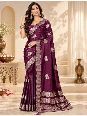 Deep Plum Purple Satin Saree With Floral Motifs & Ornate Border