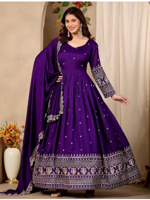 deep purple art silk embroidered anarkali gown with dupatta fabgo20461