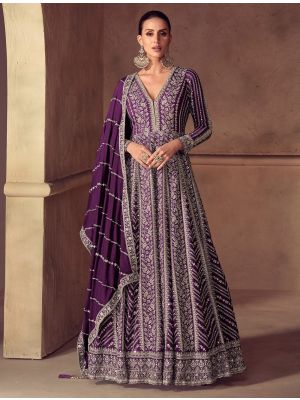 Deep Purple Chinon Designer Ready To Wear Anarkali Suit small FABSL22535