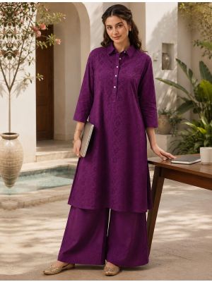 deep purple cotton straight-cut kurta set with schiffli embroidery swatch fabku21333