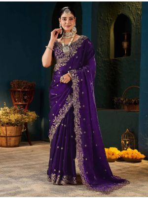 Deep Purple Fendy Satin Embroidered Saree With Stitched Blouse