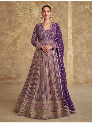 Deep Purple Georgette Pre Stitched Anarkali Suit In XL small FABSL22116