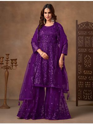 Deep Purple Net Semi Stitched Sharara Suit small FABSL22358