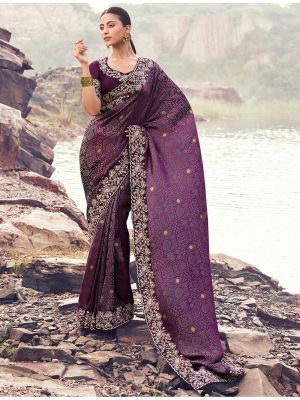 Deep Purple Satin Silk Jacquard Embroidered Designer Saree