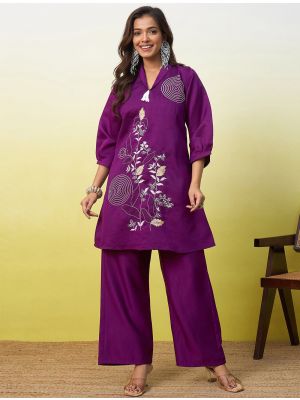 deep purple viscose rayon embroidered co ord set fabku21312