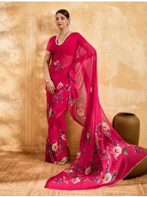 Deep Rani Pink Floral Print Georgette Saree