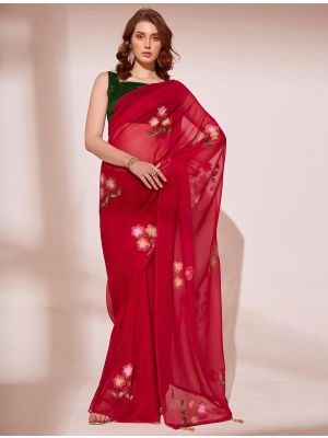 Deep Red Blooming Organza Saree With Brush Print