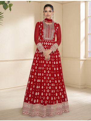 Deep Red Georgette Semi Stitched Designer Anarkali Suit FABSL21844