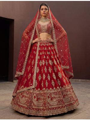 Deep Red Silk Adorned Bridal Lehenga With Double Dupatta small FABLE20573