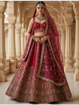Deep Red Silk Adorned Premium Bridal Lehenga small FABLE20539