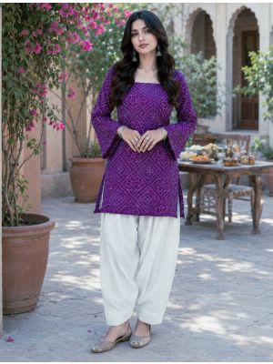 deep royal purple cotton printed top with off white bottoms fabku21263