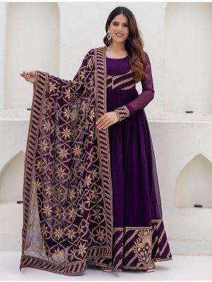 deep royal purple georgette embroidered anarkali gown with dupatta fabgo20451