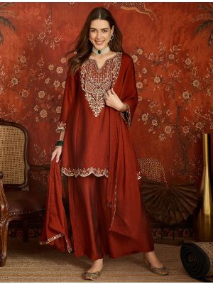 Deep Rust Embroidered Silk Blend Ready To Wear Salwar Kameez FABSL22586