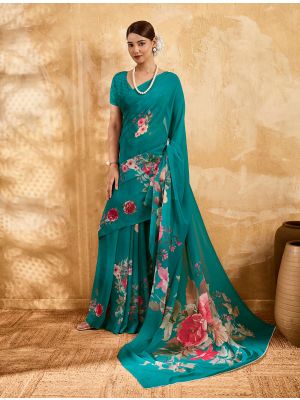Deep Sea Green Floral Print Georgette Saree