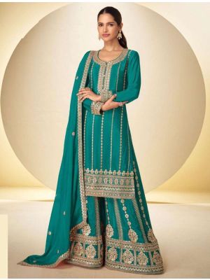 Deep Teal Chinon Free Size Ready To Wear Palazzo Suit small FABSL22551