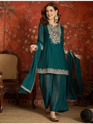 Deep Teal Embroidered Silk Blend Ready To Wear Salwar Kameez FABSL22588