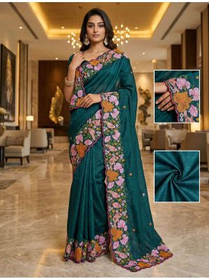 Deep Teal Manipuri Silk Embroidered Saree