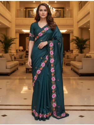 Deep Teal Manipuri Silk Embroidered Saree With Cutwork