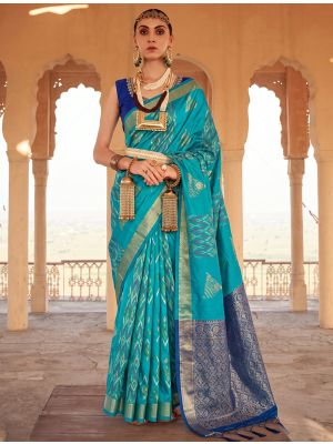Deep Turquoise Soft Art Silk Saree With Gold Zari Weaving