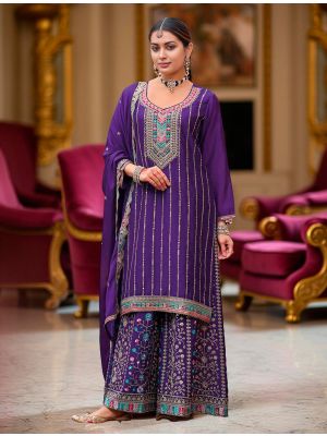 Deep Violet Chinon Ready To Wear Palazzo Suit FABSL22291