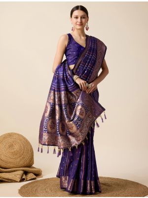 Deep Violet Jacquard Silk Saree With Woven Work