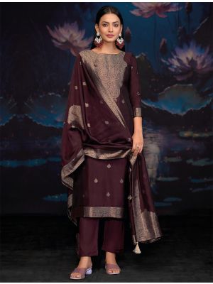 Deep Wine Jacquard Woven Silk Salwar Kameez small FABSL22162