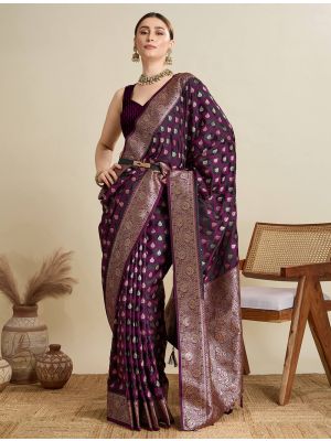 Deep Wine Satin Silk Saree With Woven Zari