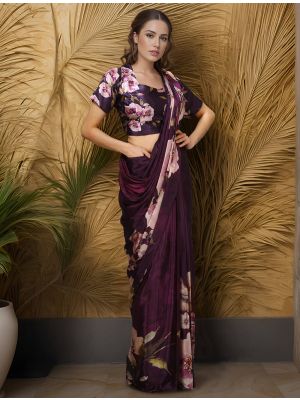 Deep Wine Silk Crepe Ready To Wear Saree