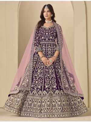 Deep Wine Velvet Semi Stitched Anarkali Suit small FABSL22354