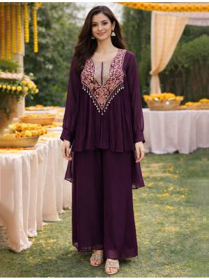 deep wine viscose chinon flowy kurta palazzo set fabku21169