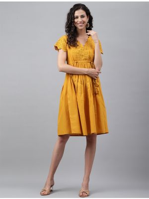 deep yellow cotton solid trendy frock fabku20870