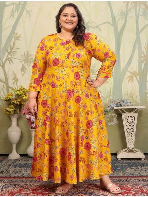 deep yellow rayon plus size kurti fabku21098