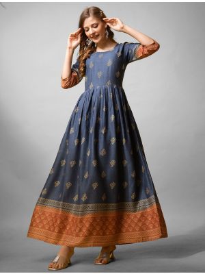 denim blue rayon printed anarkali kurta fabku21048