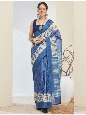 Denim Blue Silk Blend Printed Ready To Wear Saree