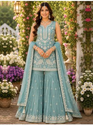 Dusty Blue Chiffon Free Size Ready To Wear Sharara Suit small FABSL22537
